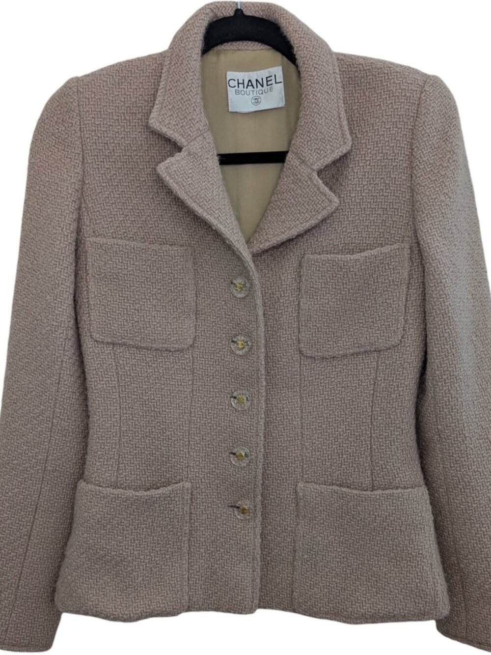 CHANEL Vintage Pale Pink Tweed Jacket Lucite CC Logo Buttons 1990s Women S M 4 6